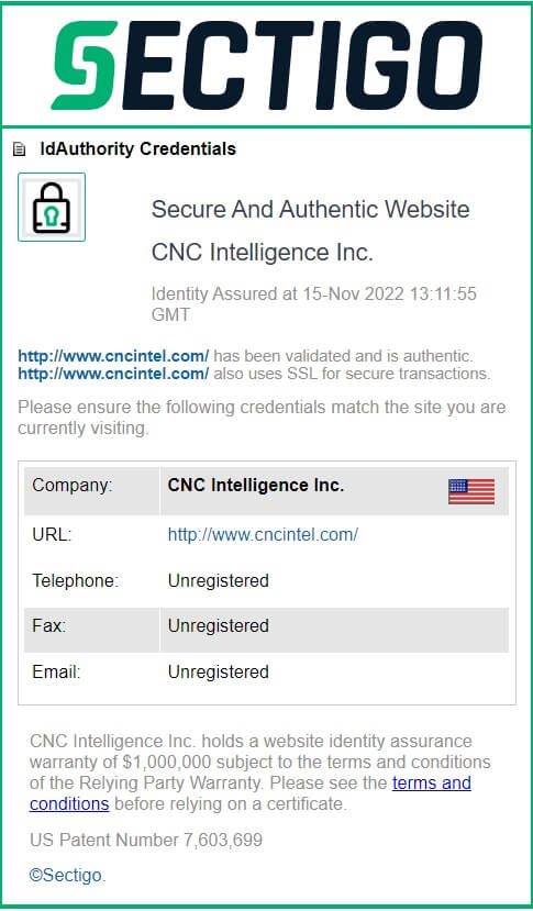Screenshot of Sectigo website showing that CNCIntel.com is a secure and authentic domain