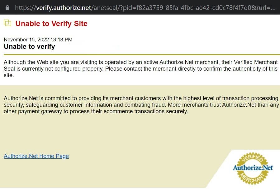 Screenshot of Authorize.Net popup window indicating that they are unable to verify the website