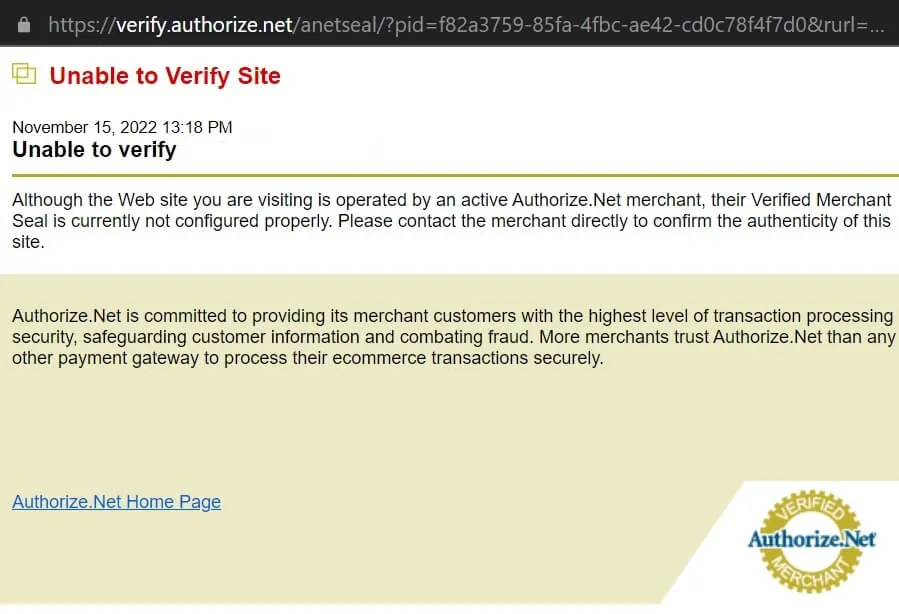 Screenshot of Authorize.Net popup window indicating that they are unable to verify the website