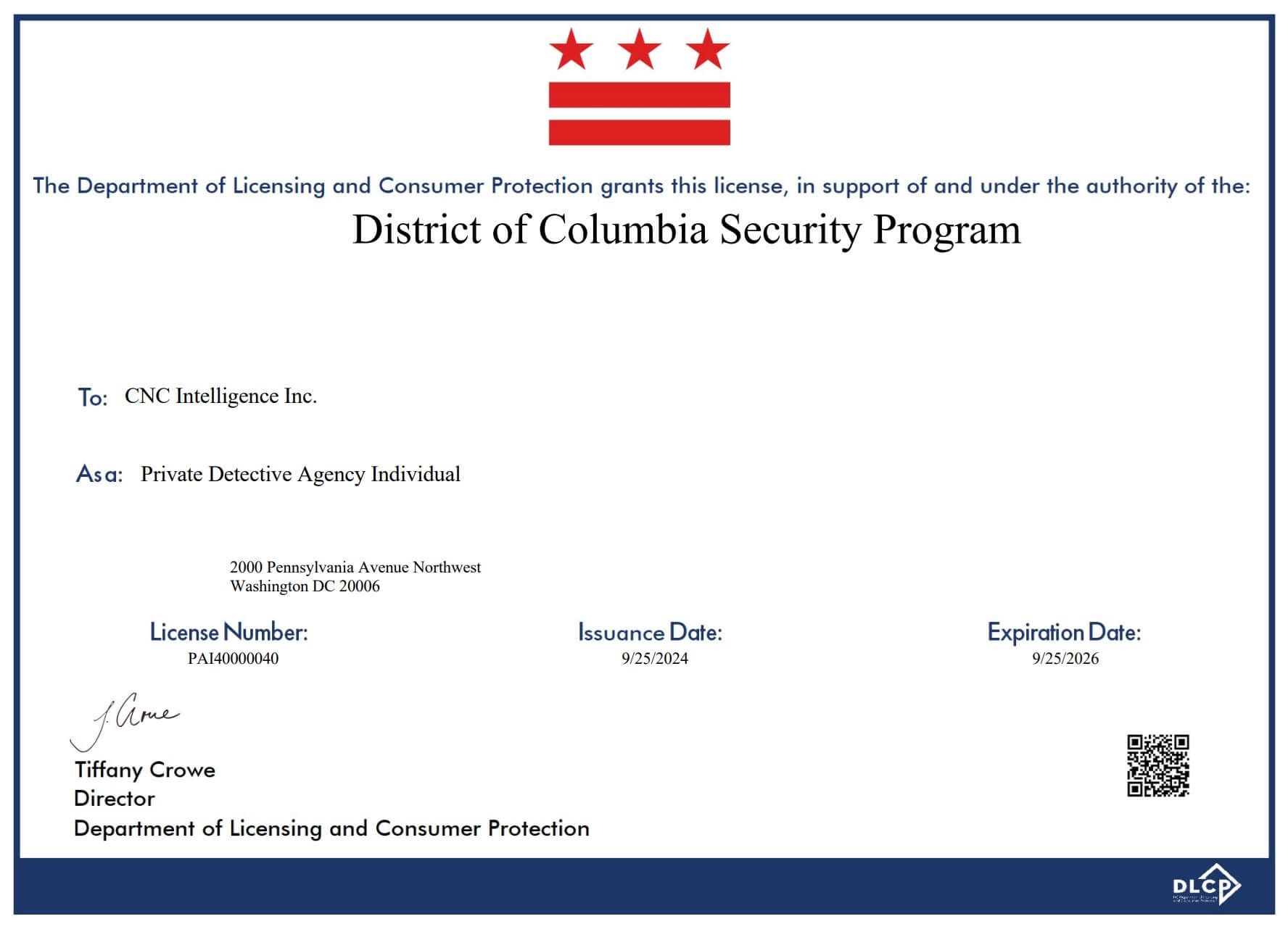 CNC Intelligence Inc. has been officially approved as a licensed Private Detective Agency Individual (PAI40000040) in Washington, DC