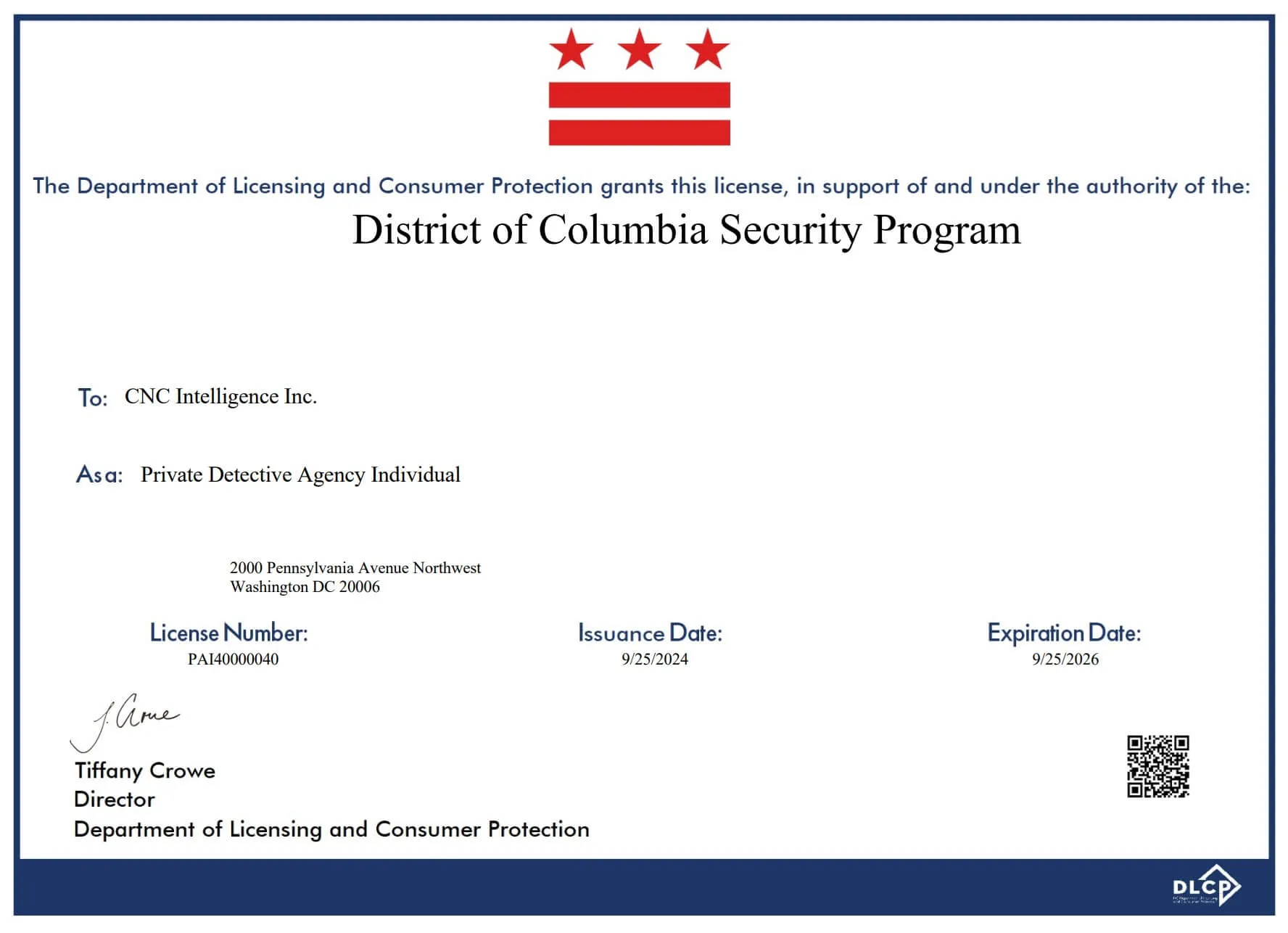 District of Columbia license for CNC Intelligence Inc. as a Private Detective Agency Individual.