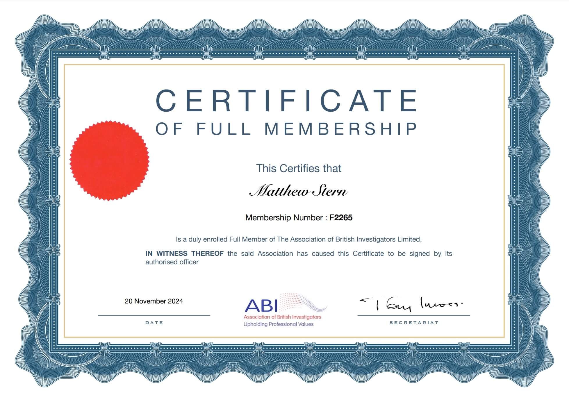 Association of British Investigators Certificate