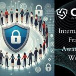 An illustrated image depicting the themes of unity and vigilance. It features a diverse group of people standing in a circle, holding hands to symbolize solidarity. At the center is a large shield with a lock icon, representing protection against fraud. The background includes digital elements like security icons and network lines, emphasizing cybersecurity and collective defense against scams. The word "Fraud" is subtly included, highlighting the focus on fraud prevention.