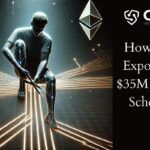 A futuristic digital illustration of a figure crouching and using scissors to sever glowing network lines, symbolizing the disruption of a financial scheme. The background shows cryptocurrency symbols for Bitcoin and Ethereum. On the right side, the text reads: "CNC Intelligence - How We Exposed a $35M Ponzi Scheme.