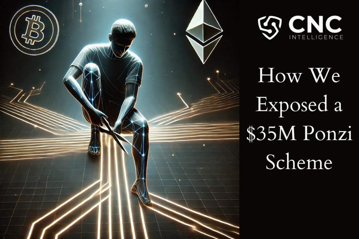 A futuristic digital illustration of a figure crouching and using scissors to sever glowing network lines, symbolizing the disruption of a financial scheme. The background shows cryptocurrency symbols for Bitcoin and Ethereum. On the right side, the text reads: "CNC Intelligence - How We Exposed a $35M Ponzi Scheme.