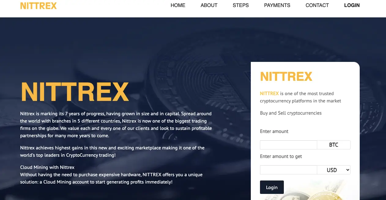 Nittrex crypto trading platform screenshot with login section and cloud mining and trading promos.