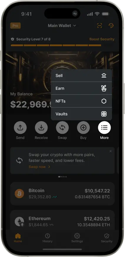 Zengo Wallet app interface displaying send, receive, swap, buy, sell, earn, NFTs, vaults, and security options.