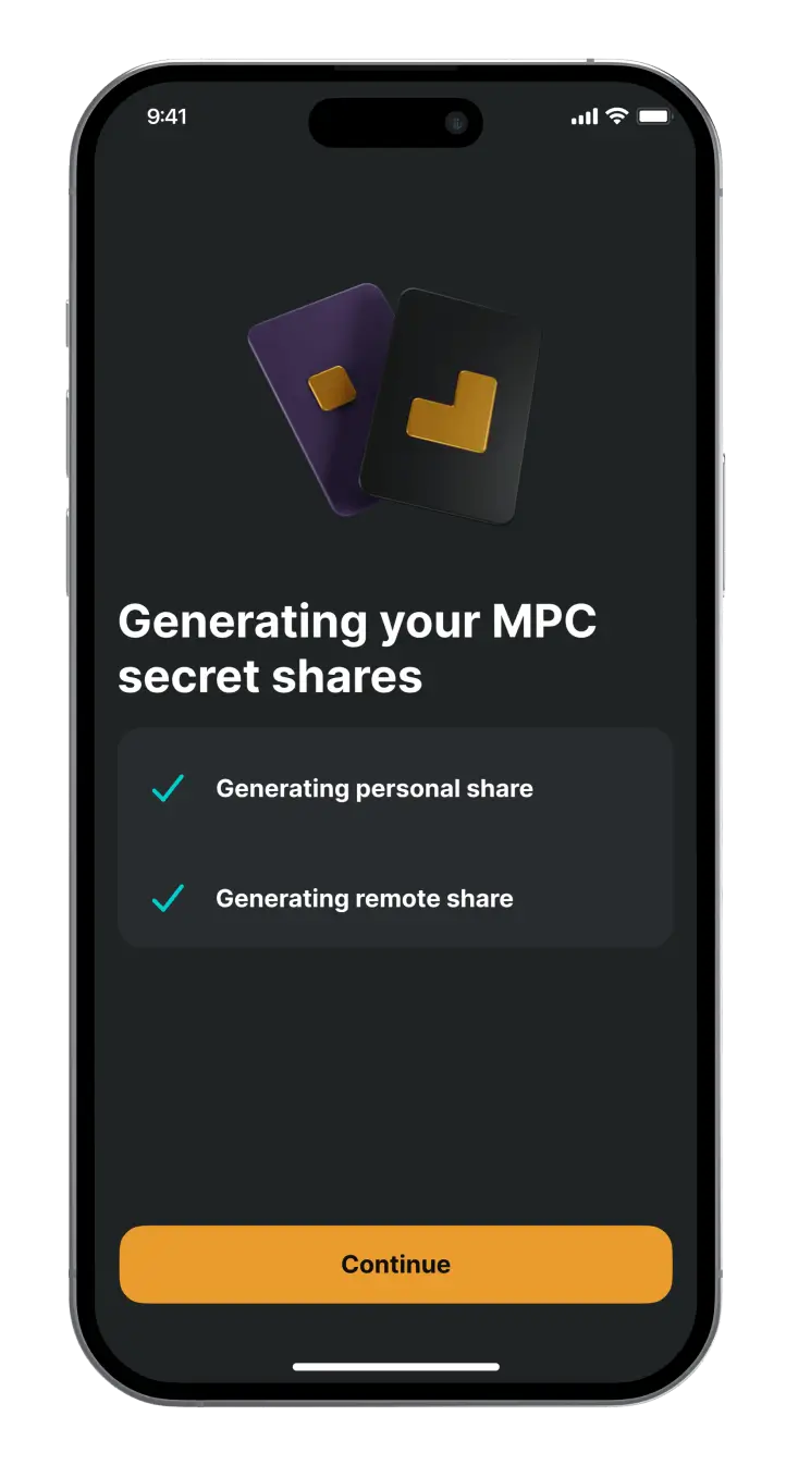 Zengo Wallet app generating MPC secret shares, ensuring secure, seed phrase-free crypto storage.