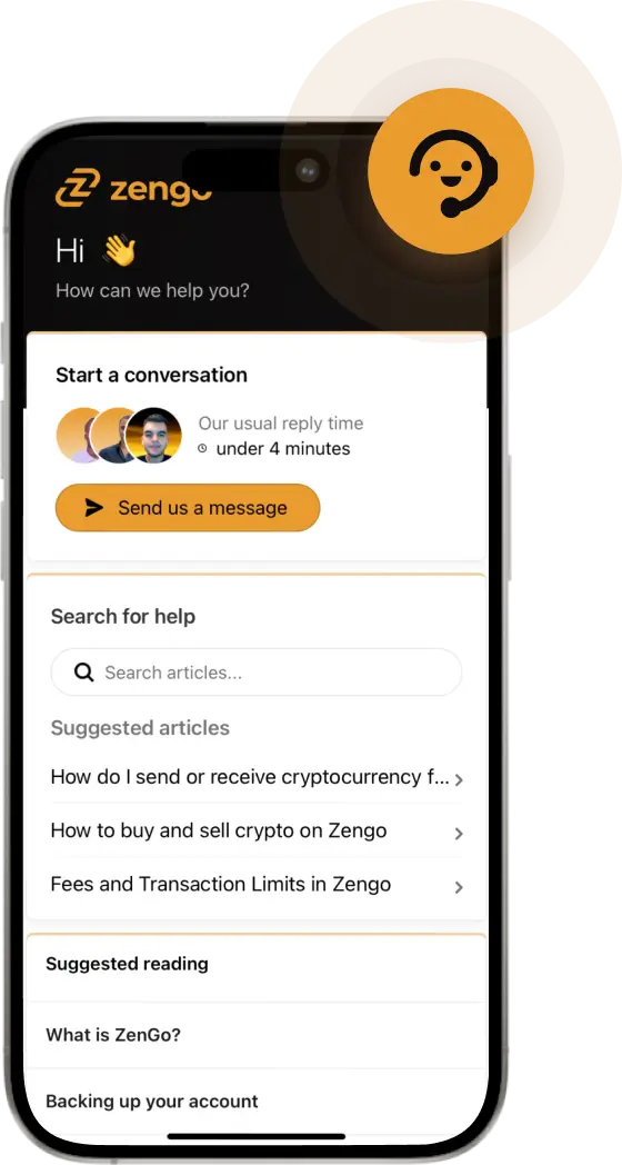 Zengo Wallet’s support page with live chat, quick replies, and help articles for crypto transactions and security.