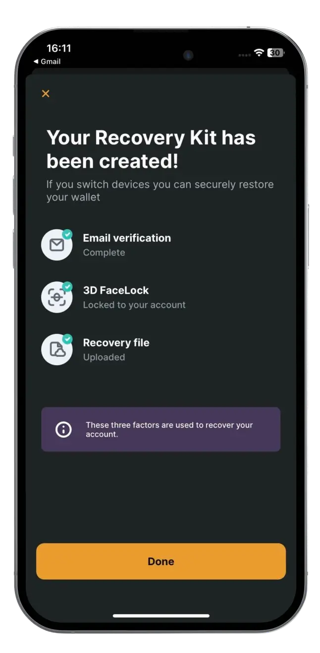 Zengo Wallet’s recovery kit setup with email verification, 3D FaceLock, and a recovery file for account security.