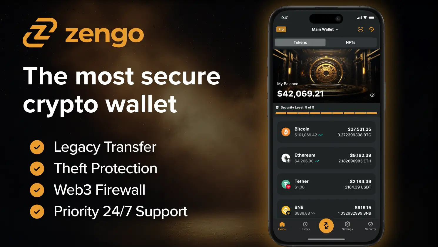 Zengo wallet app showcasing secure crypto storage with legacy transfer, theft protection, and Web3 firewall.