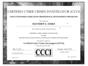 Certified Cyber Crimes Investigator certificate awarded to Matthew Stern by IAFCI