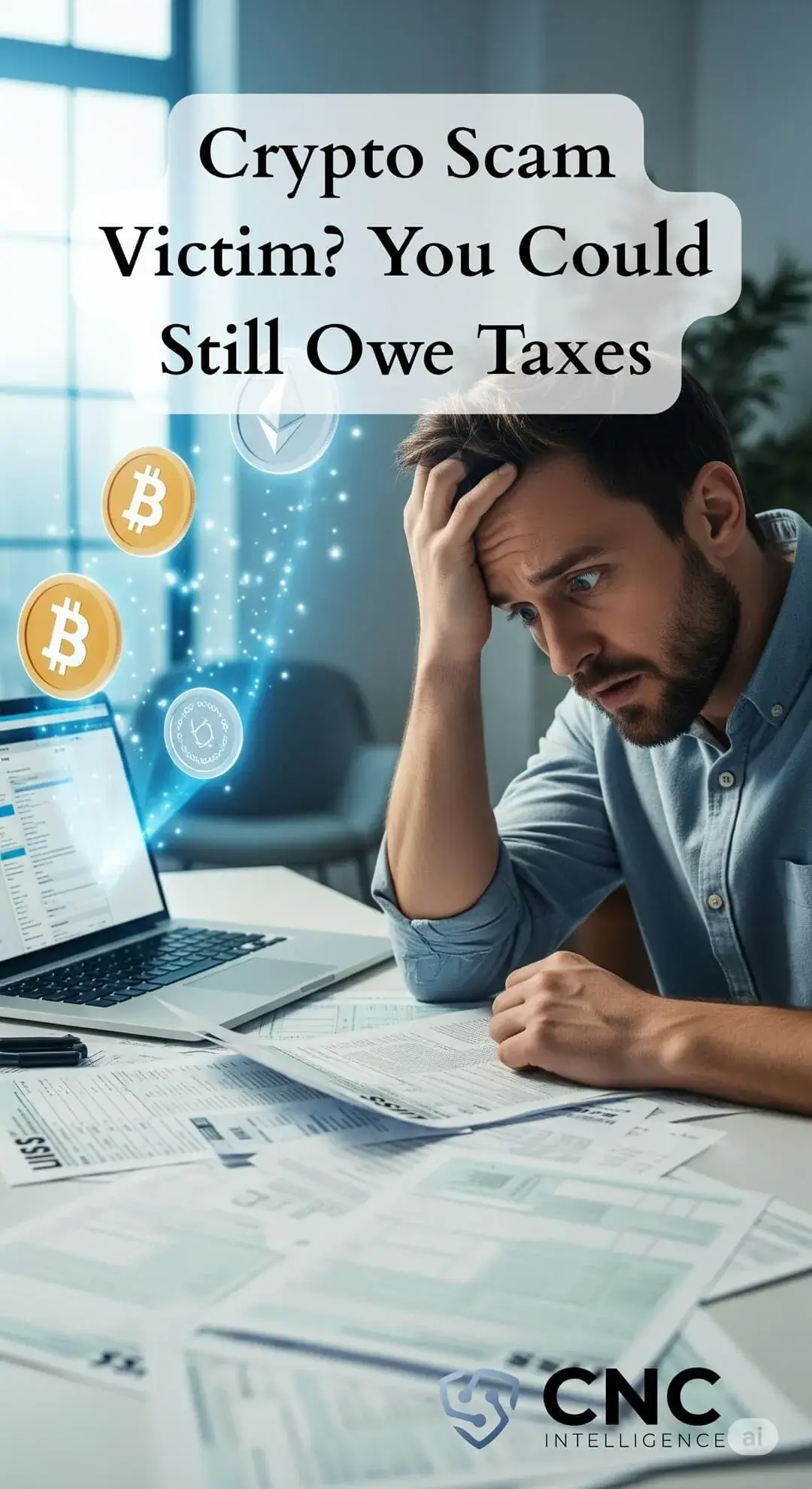 Man reviewing crypto documents, symbolizing need for a crypto tax professional after a scam or blockchain loss.