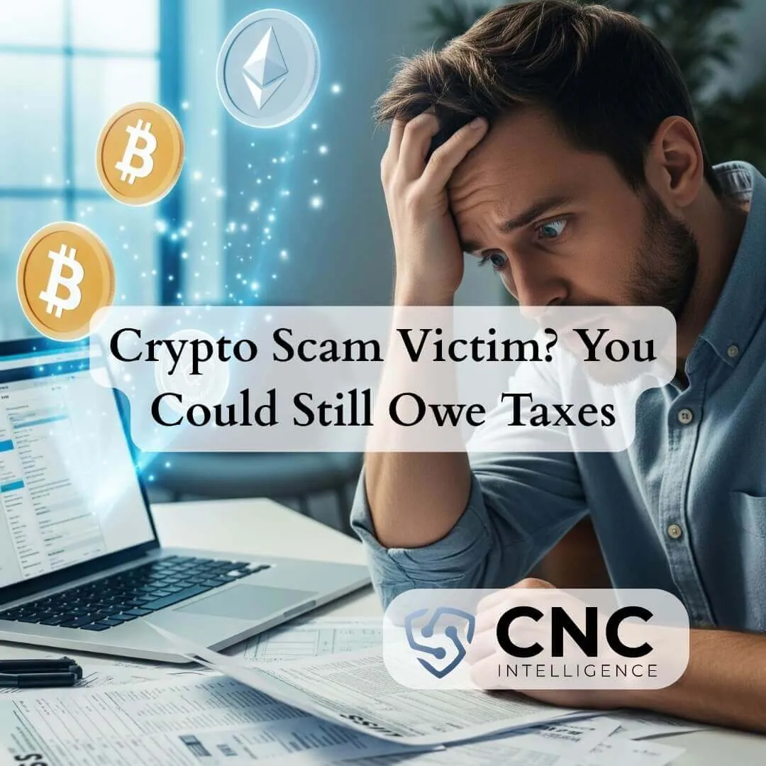 Man reviewing crypto documents, symbolizing need for a crypto tax professional after a scam or blockchain loss.