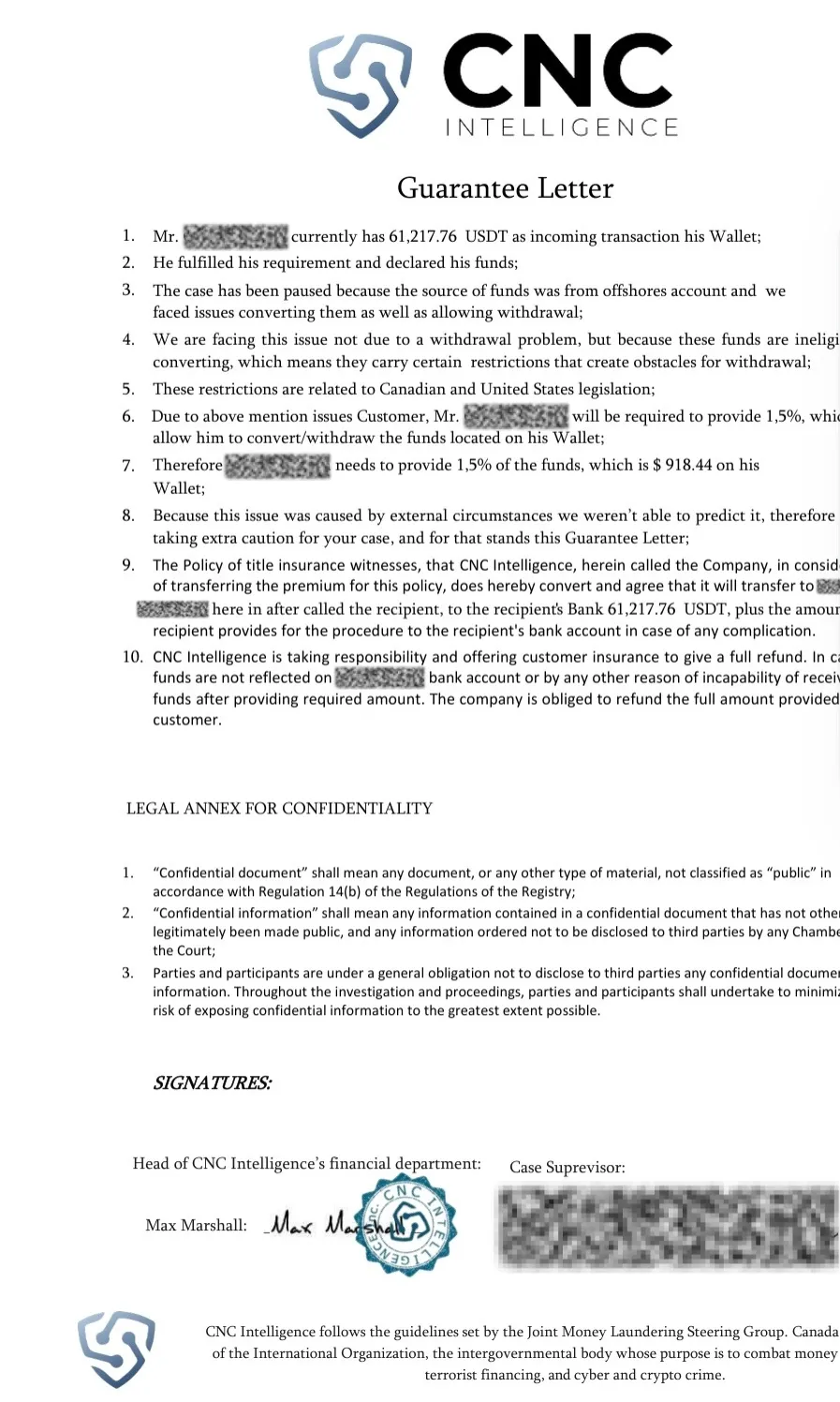 Forged CNC Intelligence Guarantee Letter used in scam