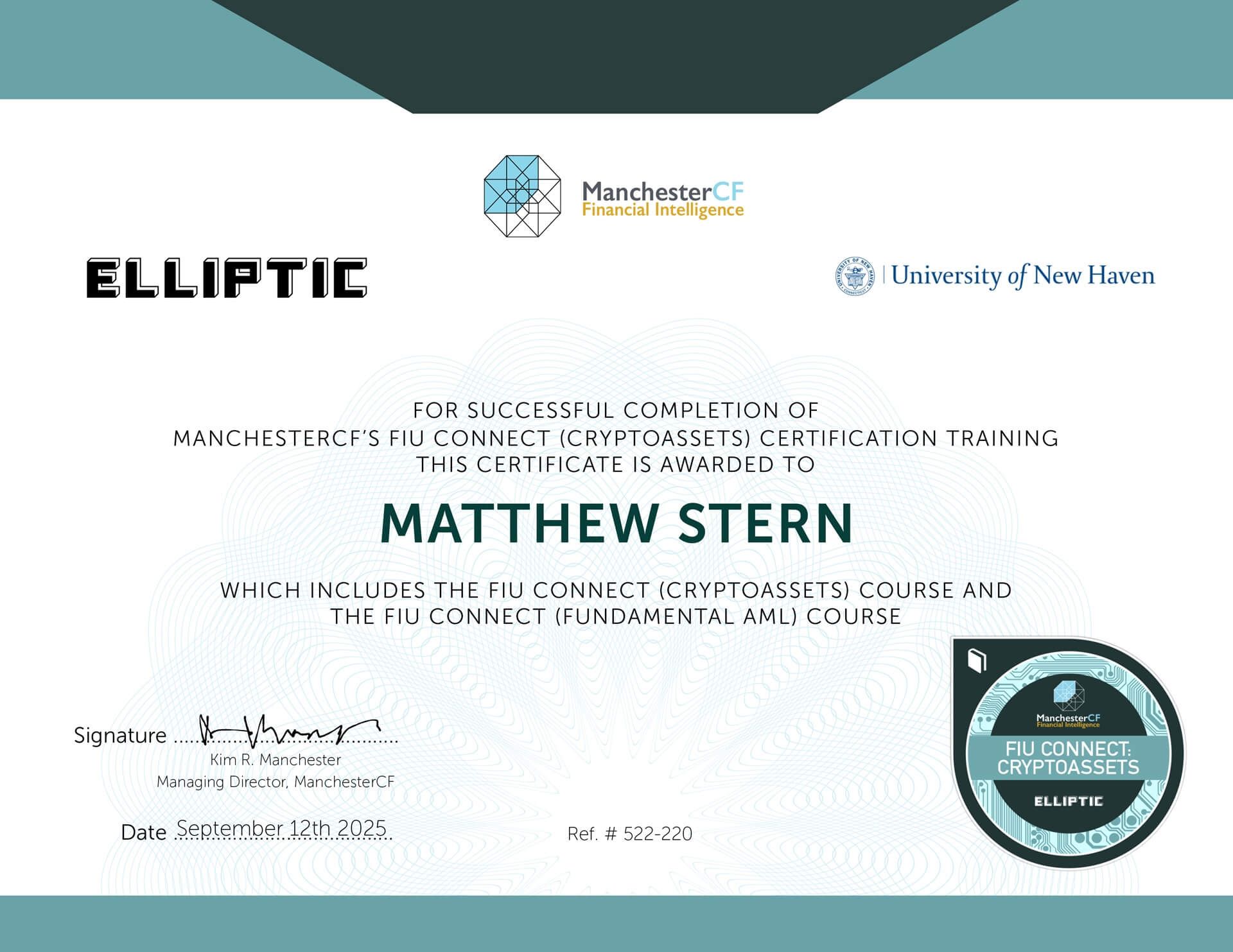 FIU CONNECT (Cryptoassets) Certification - ManchesterCF in partnership with Elliptic, issued to Matthew Stern, September 2025