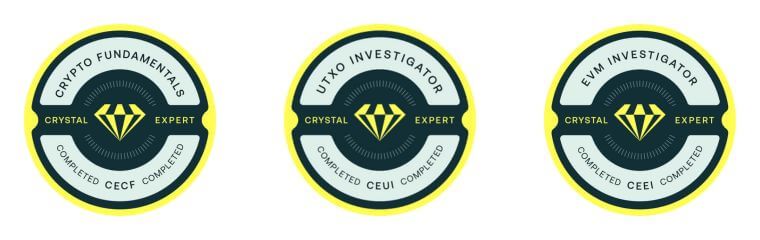 Crystal Intelligence Certifications: Crypto Fundamentals (CECF), EVM Investigator (CEEI), and UTXO Investigator (CEUI) — issued to Matthew Stern in October 2025.