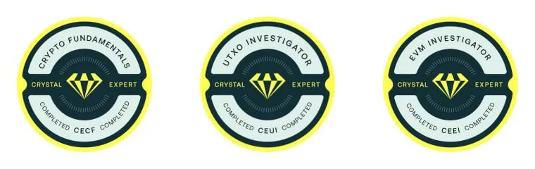 Crystal Intelligence Certifications: Crypto Fundamentals (CECF), EVM Investigator (CEEI), and UTXO Investigator (CEUI) — issued to Matthew Stern in October 2025.