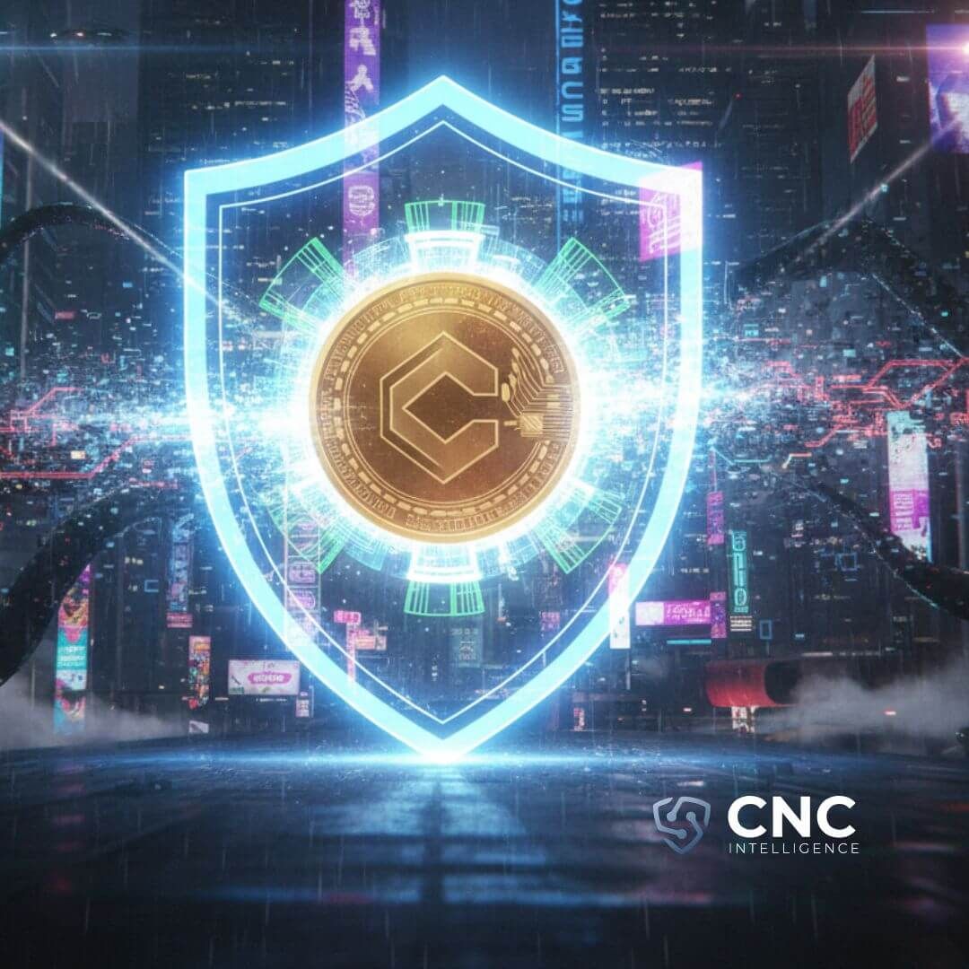 A glowing holographic shield protecting a cryptocurrency coin from AI-powered scams