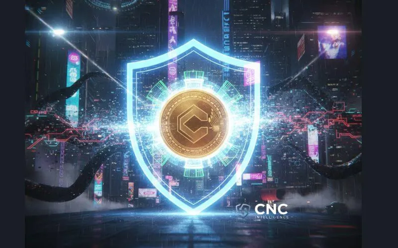 A glowing holographic shield protecting a cryptocurrency coin from AI-powered scams