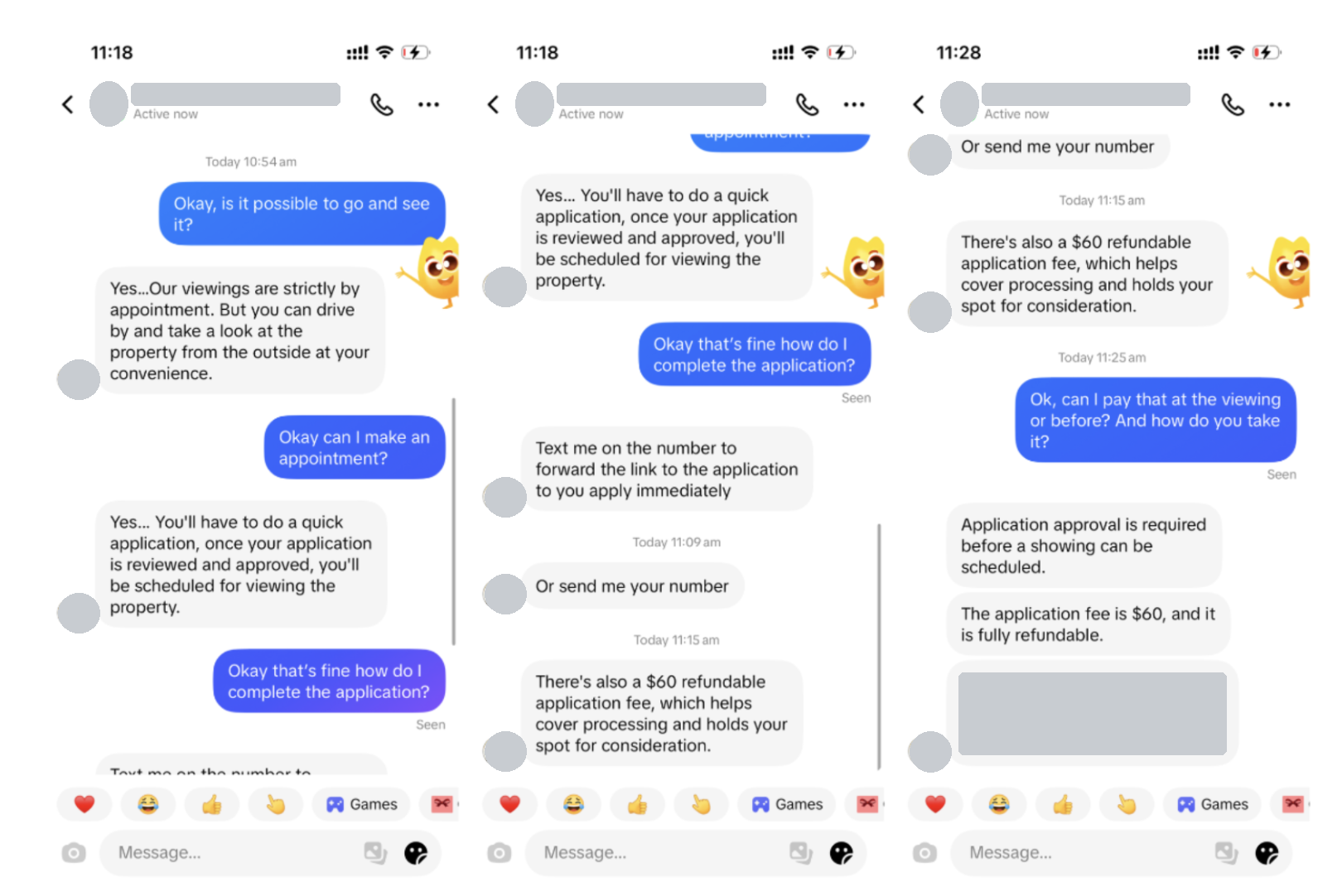 Redacted message exchange with a flagged rental account requesting a $60 application fee before scheduling a viewing
