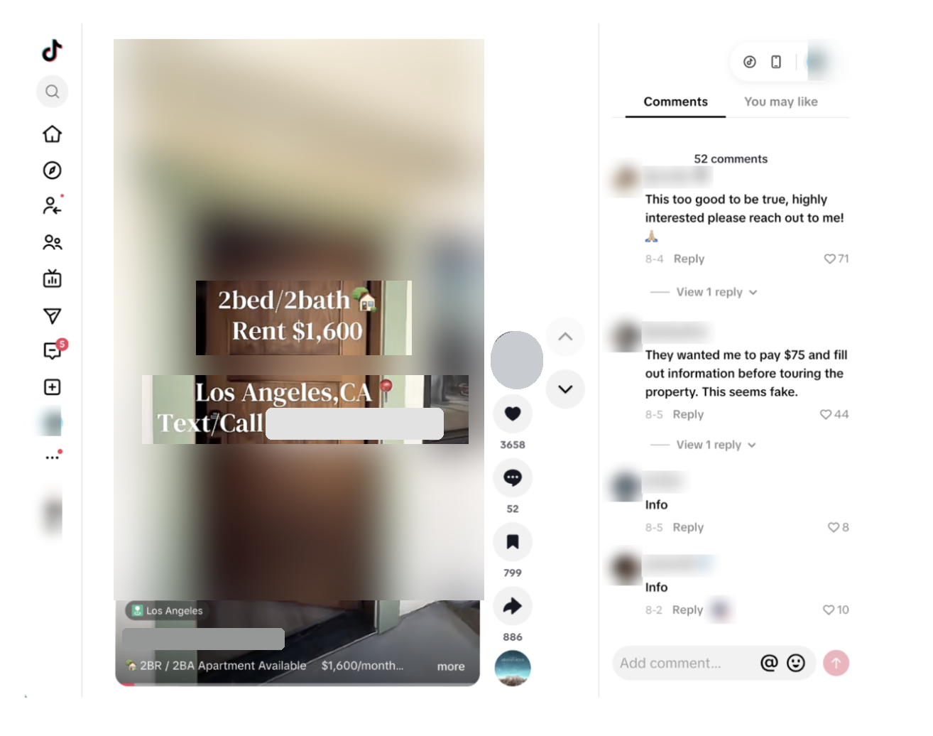 Redacted TikTok rental listing advertising a two-bedroom property in Los Angeles for $1,600 per month