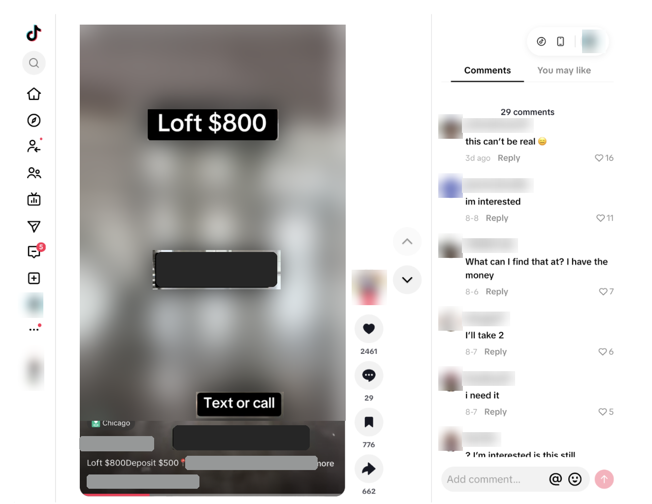 Redacted TikTok post advertising an $800 loft in Chicago