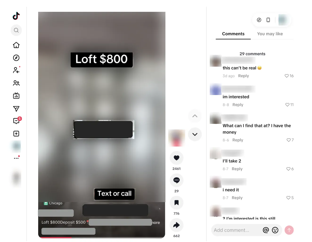 Redacted TikTok post advertising an $800 loft in Chicago