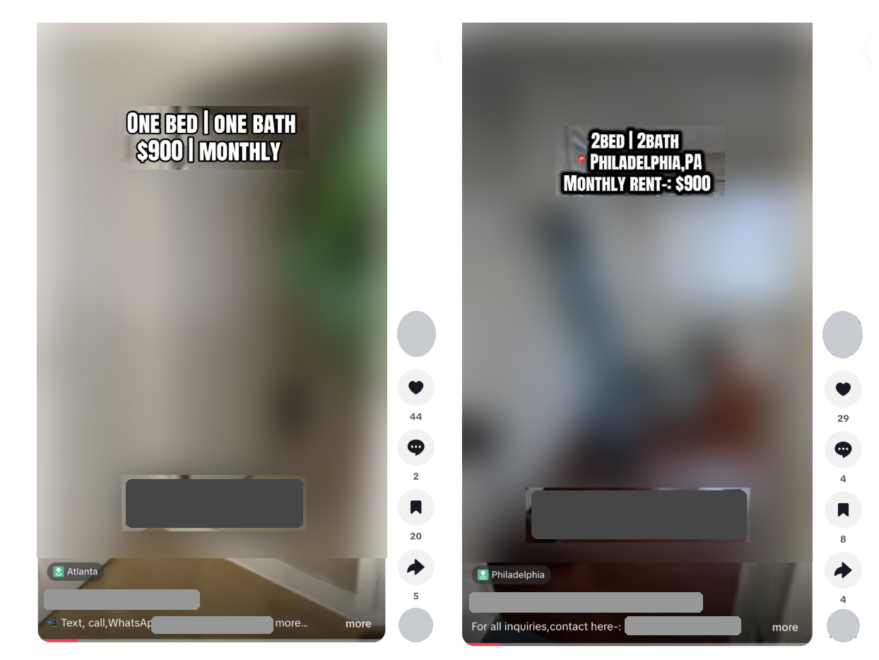 Redacted TikTok rental posts from Atlanta and Philadelphia using the same contact phone number