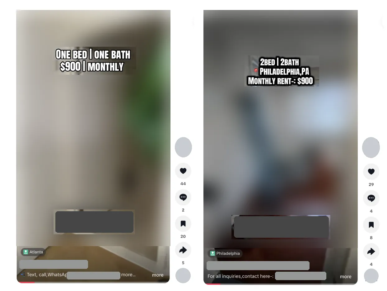 Redacted TikTok rental posts from Atlanta and Philadelphia using the same contact phone number
