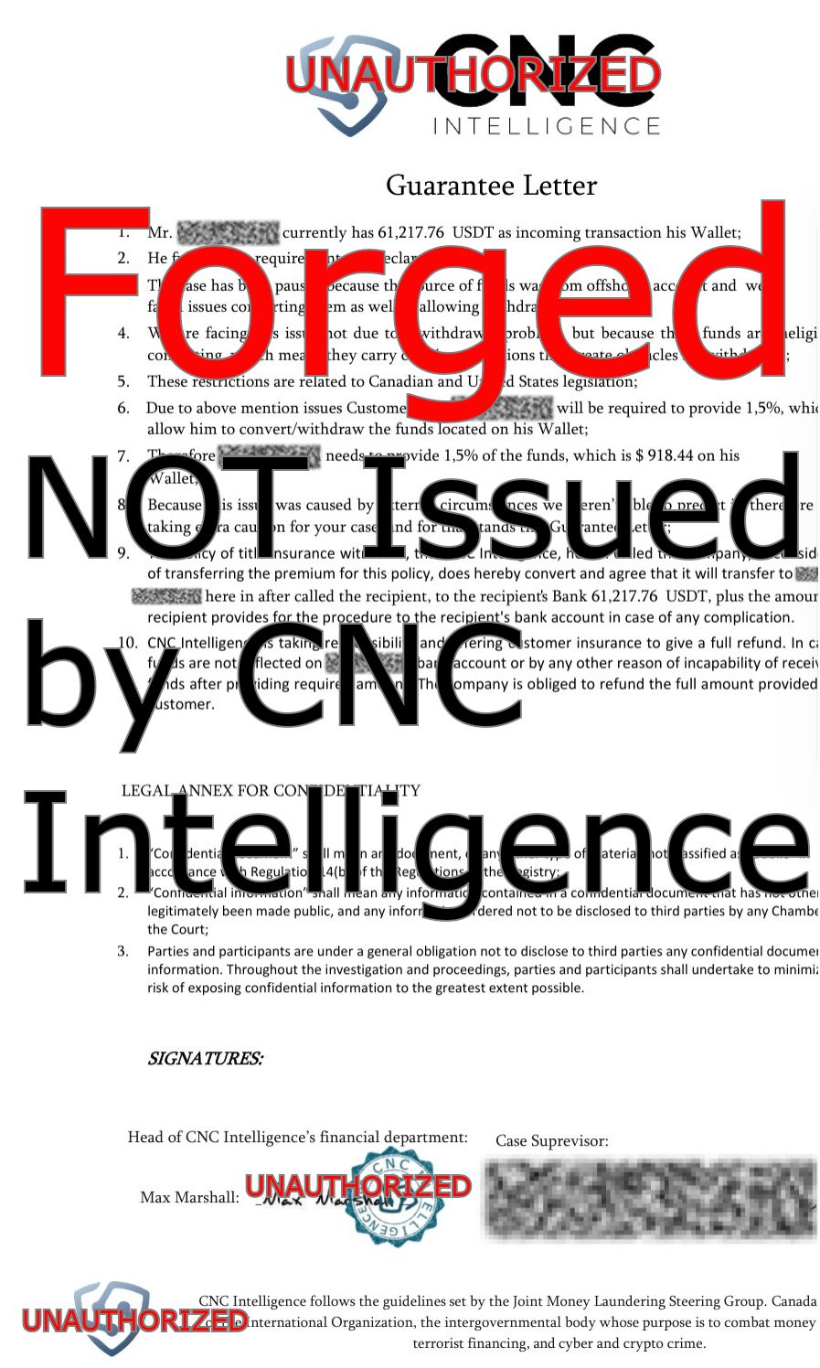 Forged CNC Intelligence Guarantee Letter used in scam