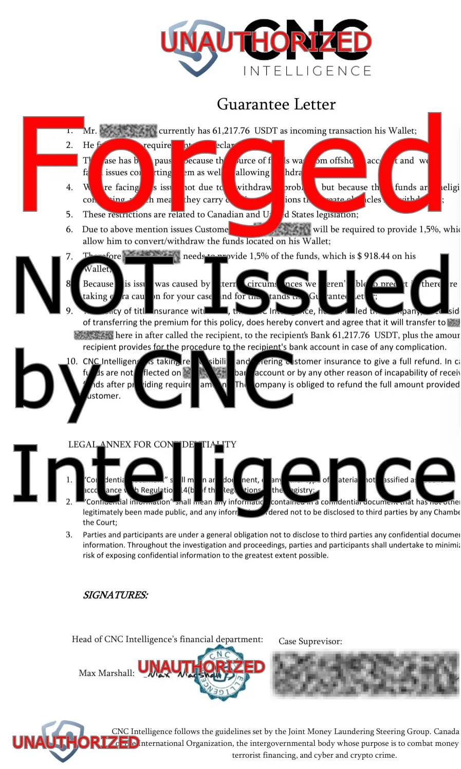 Forged CNC Intelligence Guarantee Letter used in scam